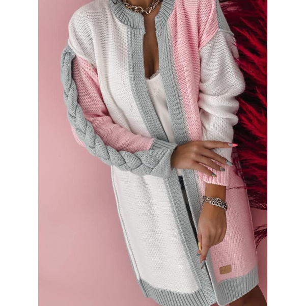 Luxusní svetr s copy růžový/šedý