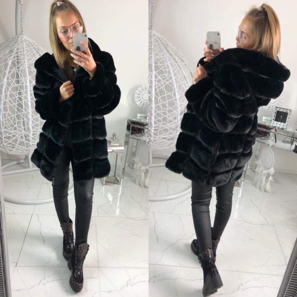 Nádherný bochánkový kožich s kapucí - Black