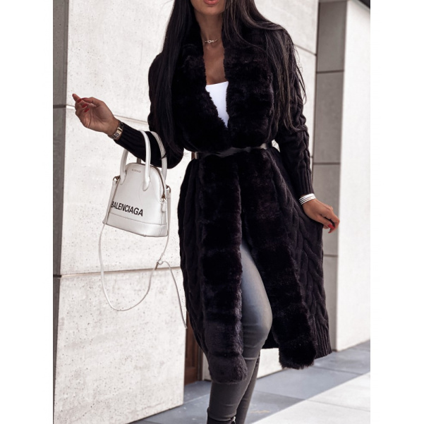 Kabátový svetr s bohatým kožichem -Černá
