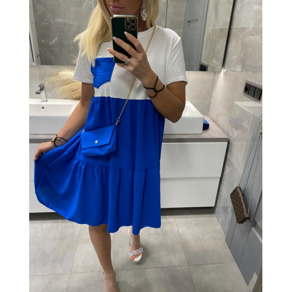 Pohodové šaty s kapsičkou a kabelkou - Modrá