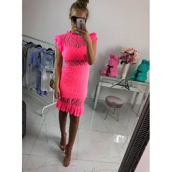 Luxusní krajkové šaty - neon růžové