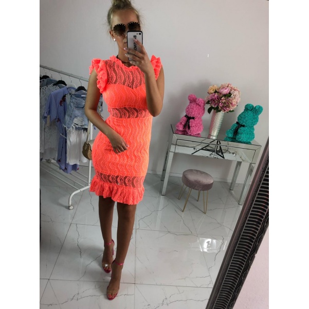Luxusní krajkové šaty - neon oranžové